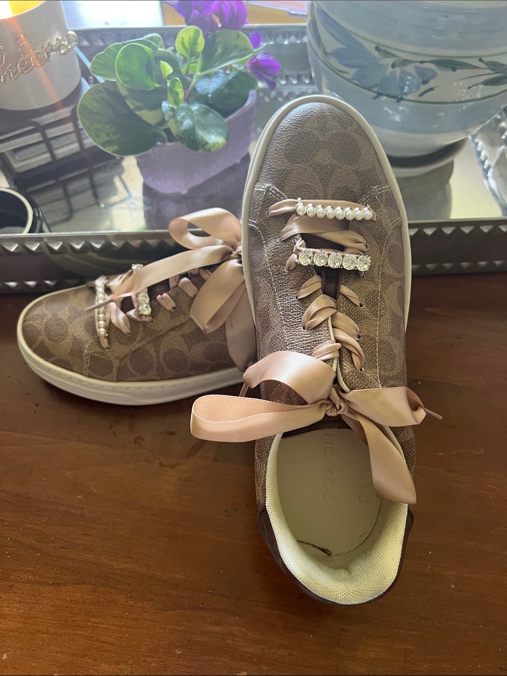 Coach Tan Satin Ribbon Monogram Sneakers with Pearl & Crystal Trim